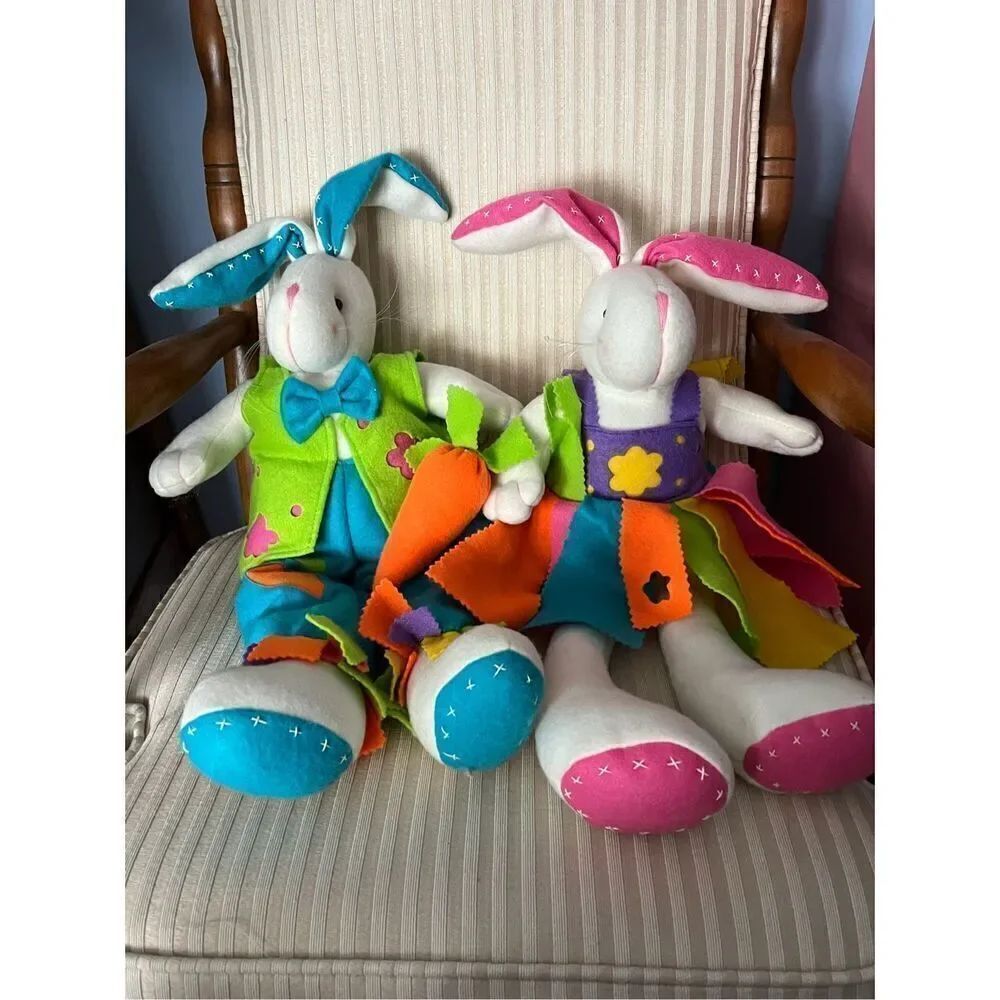 Vintage 70’s 80s Boy & Girl Stuffed Easter Bunny Dolls Handmade Felt Clothing